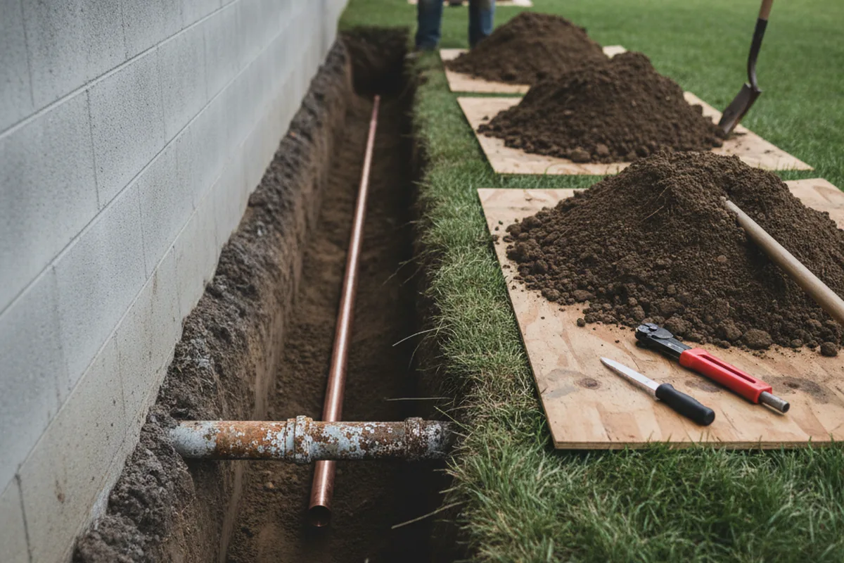 Excavated water line trench during Sewer Line Repair in Round Hill